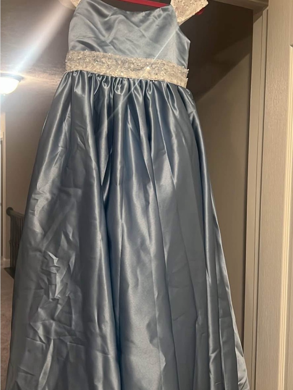 Girls Satin Light Blue Formal Dress with Beaded Waistband